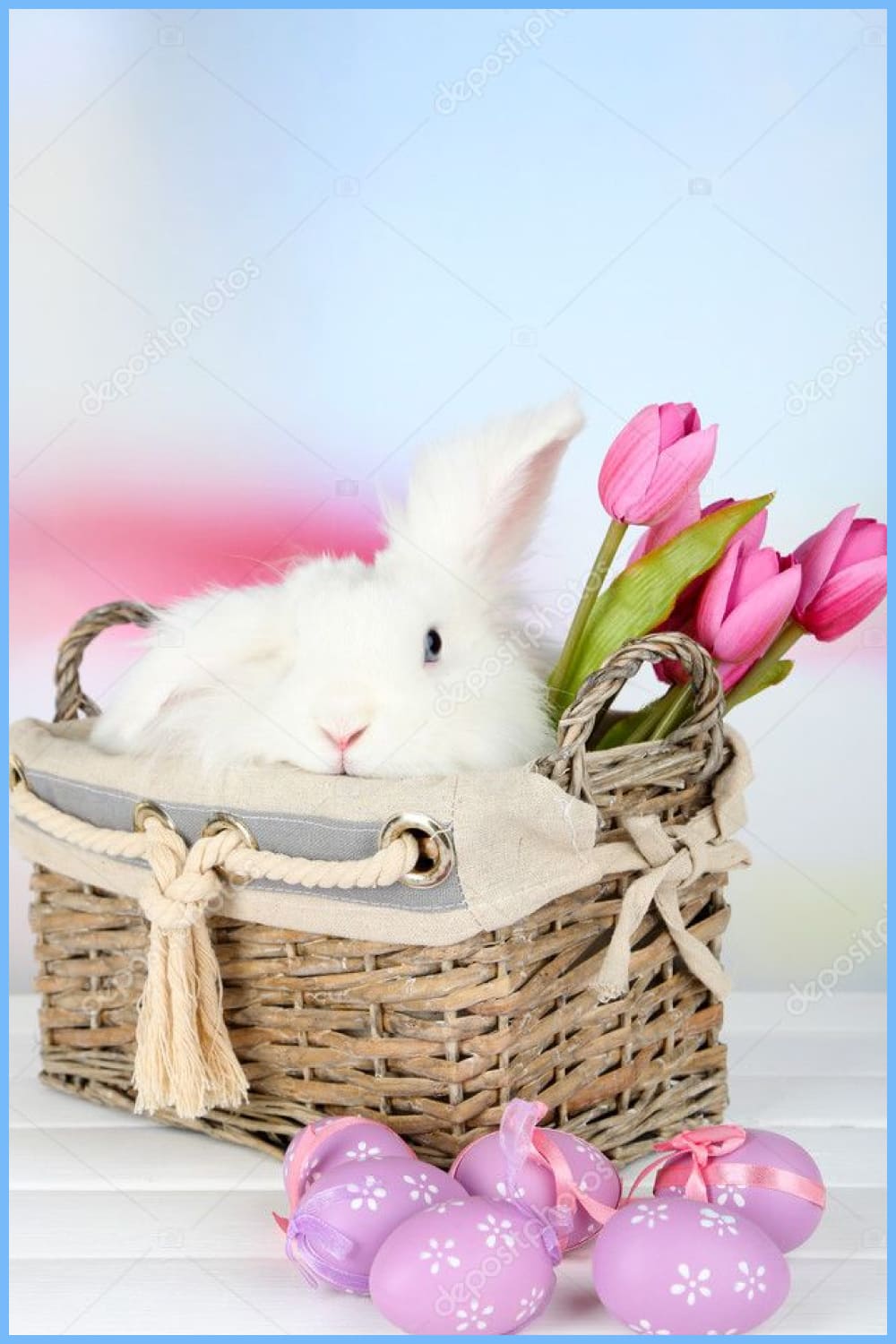 White cute rabbit in a basket and Easter composition.