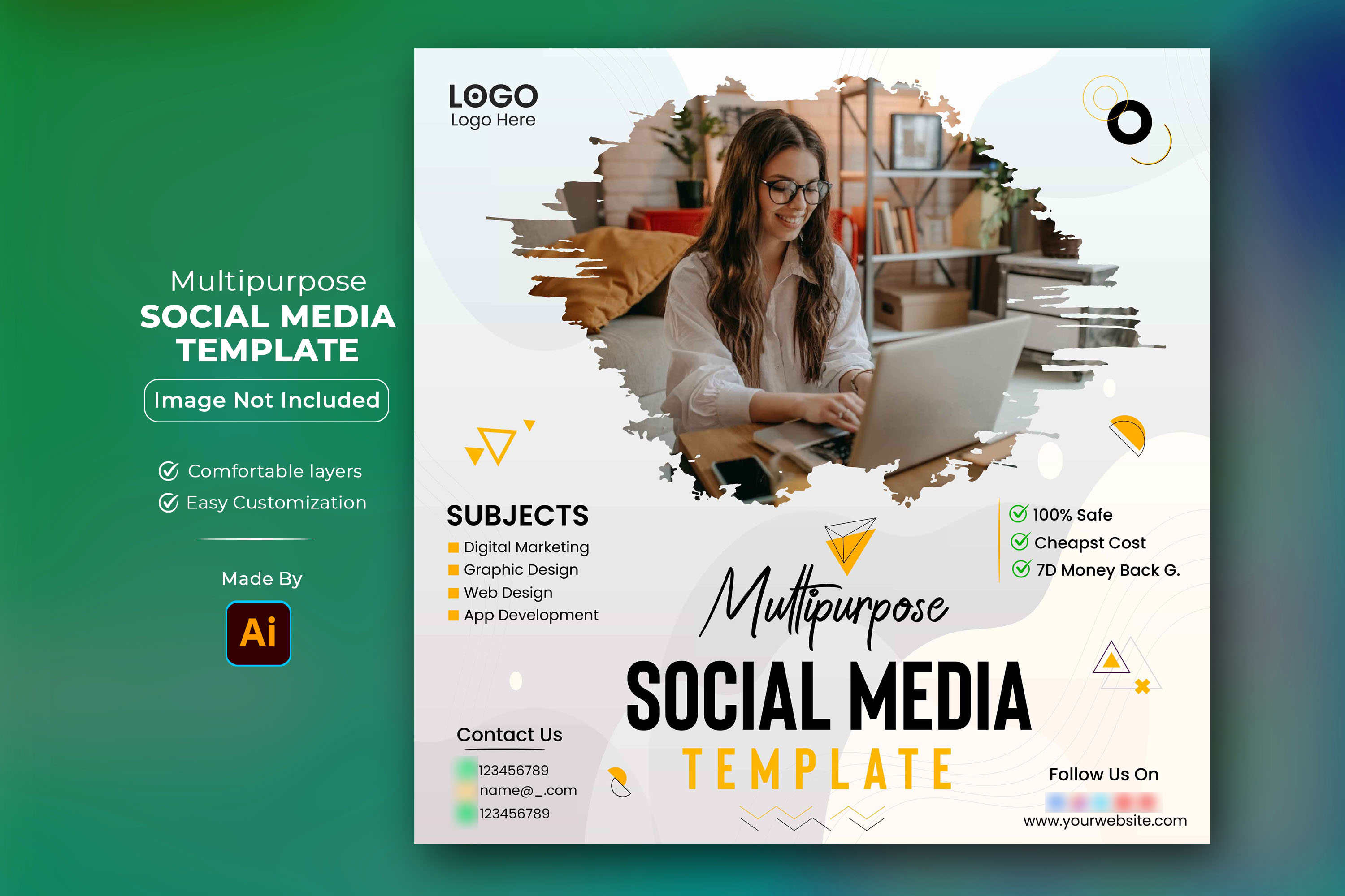 Social media flyer with a woman on a laptop.