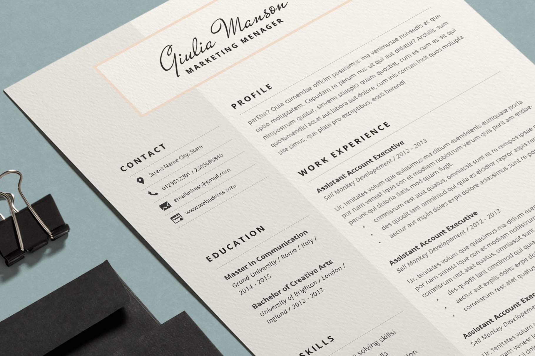 Clean and modern resume is displayed on a desk.