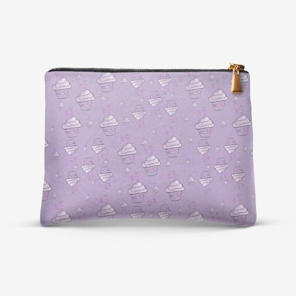 Purple pouch with a cupcake pattern on it.