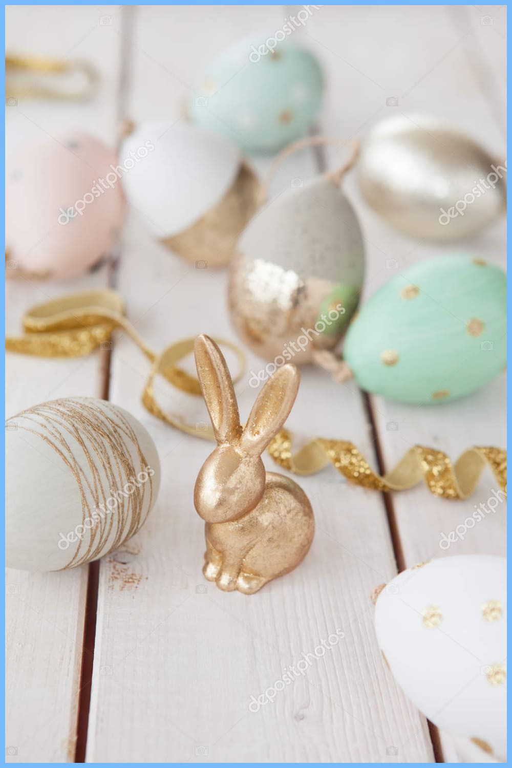 Colorful easter decorations with little gold bunny.