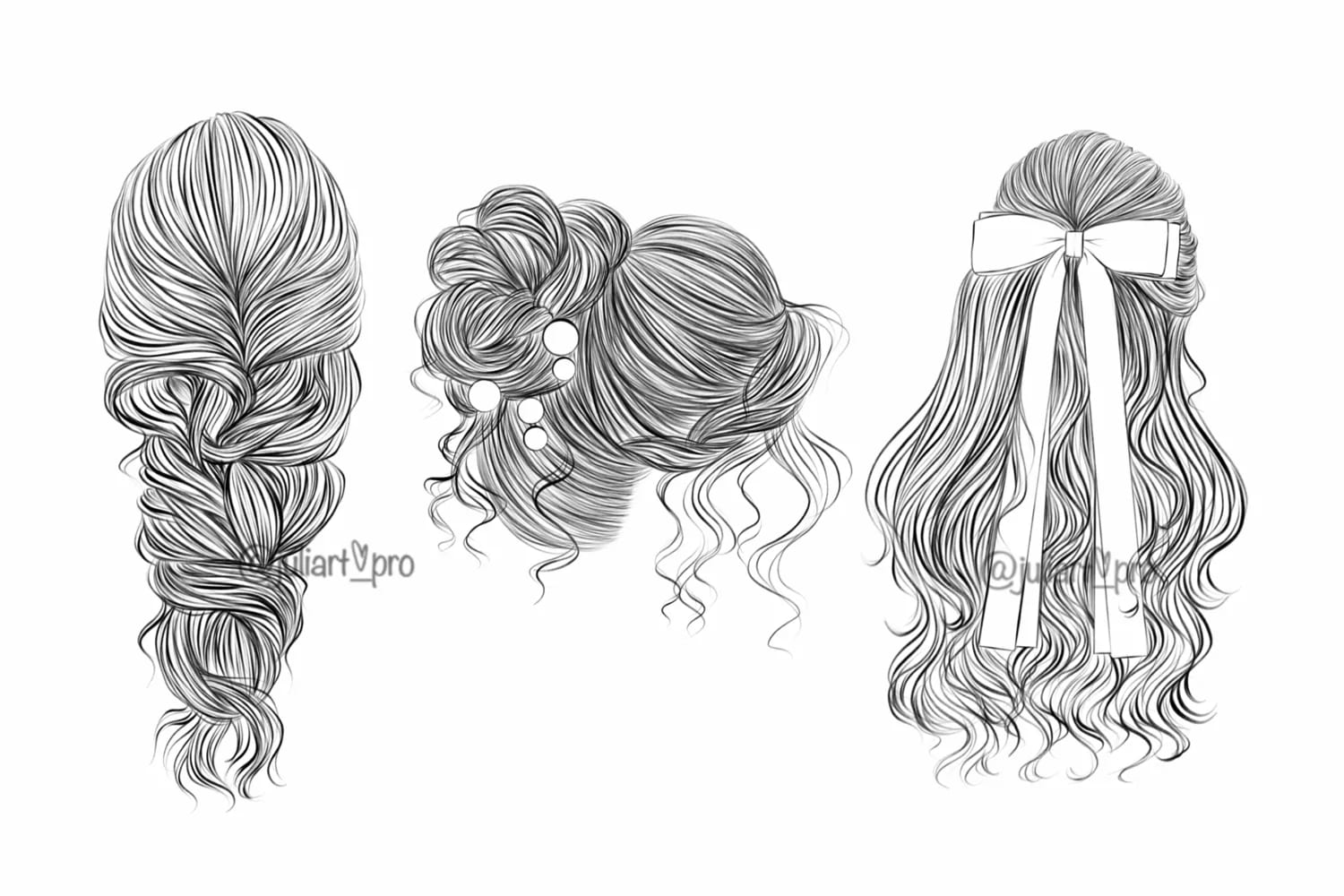 Drawing of three different styles of hair.