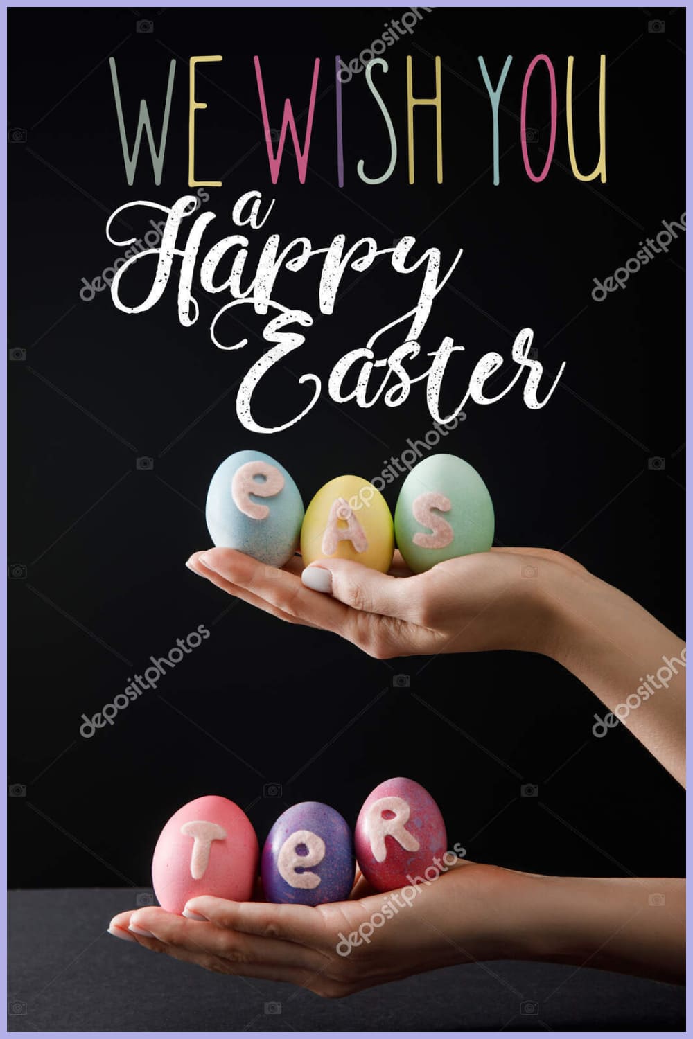 Selective focus of Easter eggs on wooden board on black with we wish you a happy Easter.