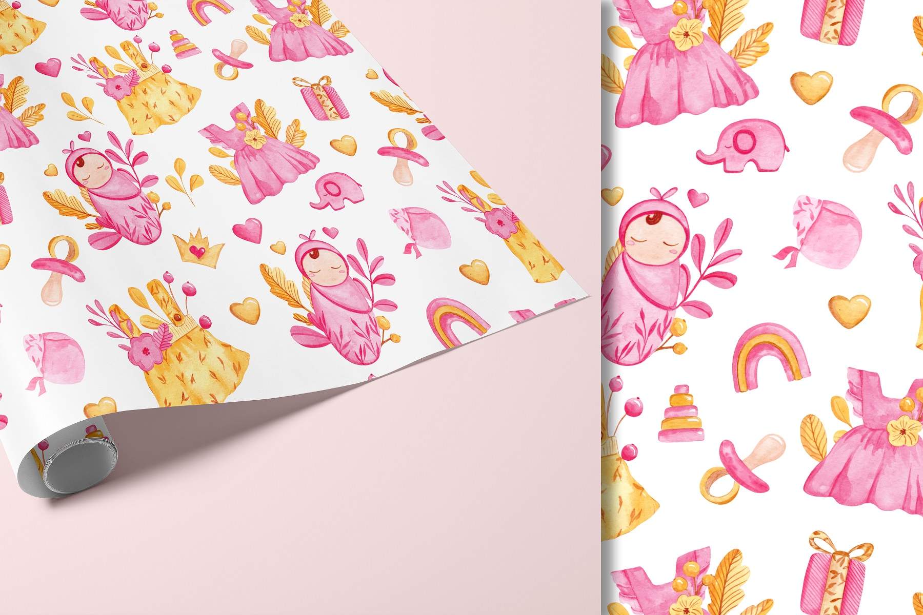 Pink and yellow wallpaper with princesses on it.