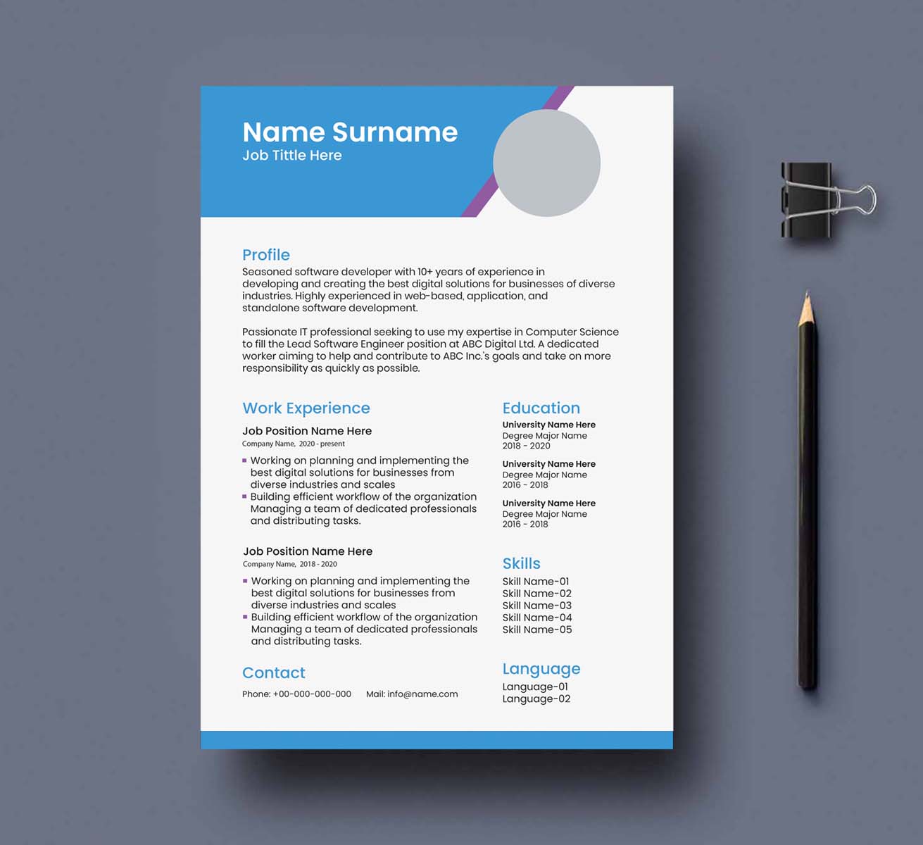 Blue and white resume with a pencil.