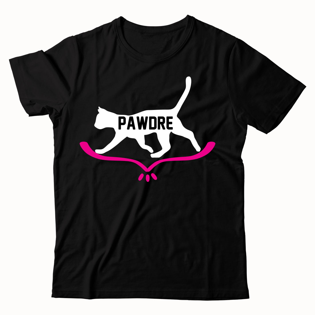 Black t - shirt with a pink and white cat on it.