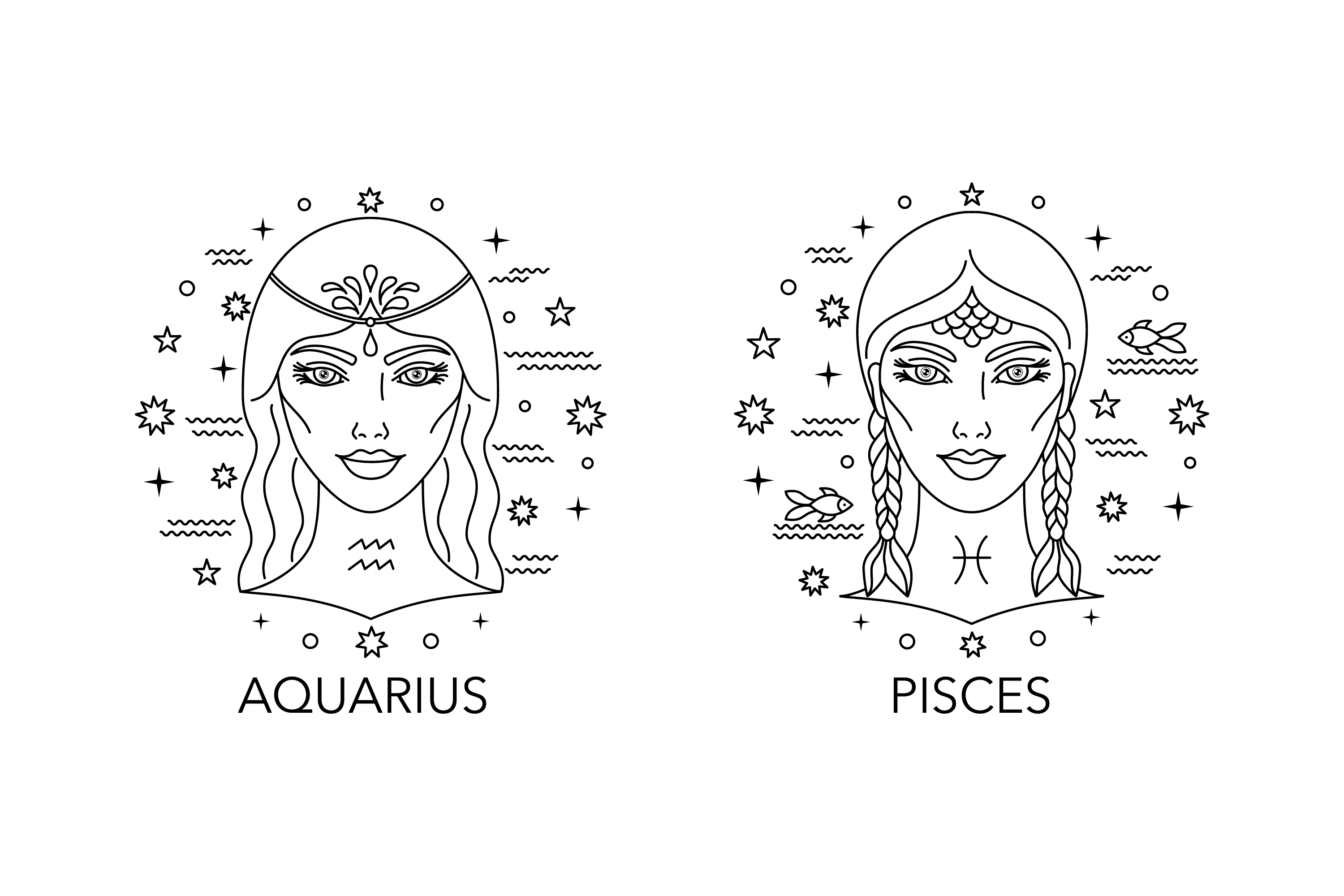 Line drawing of two women with zodiac signs on their faces.