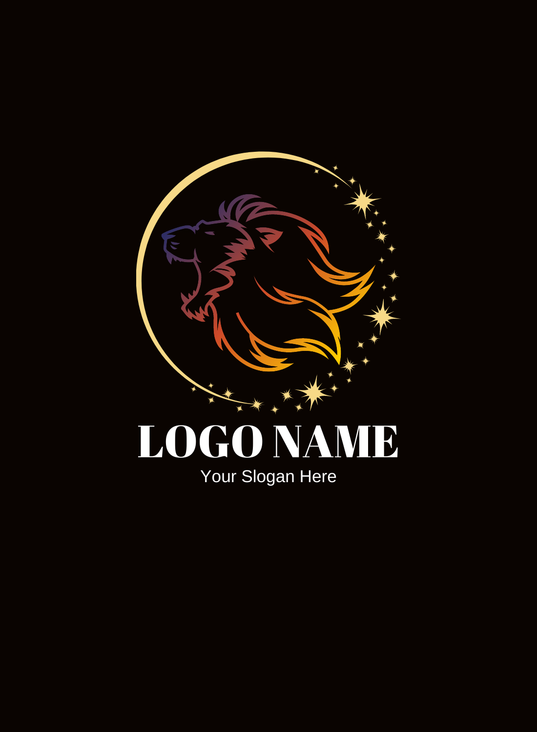 Lion logo with stars on a black background.
