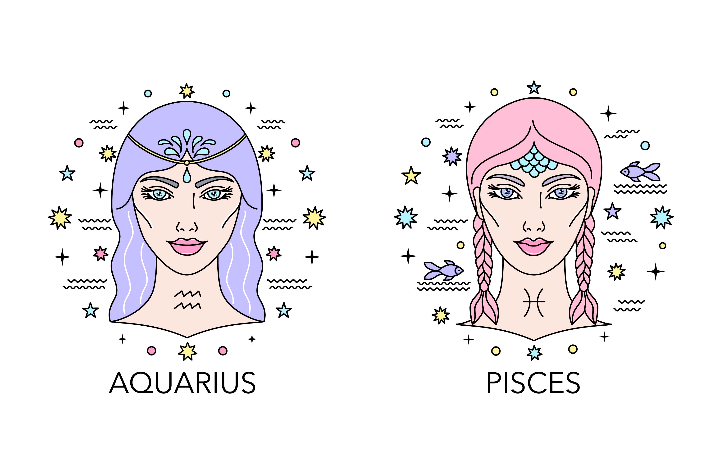 Two women with zodiac signs on their faces.