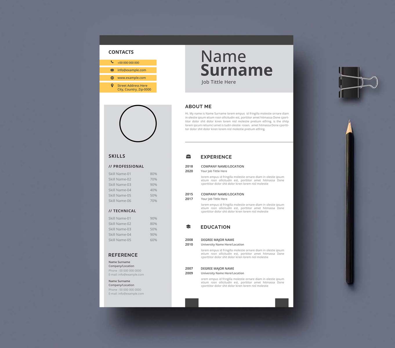 Clean and modern resume template with a pencil.