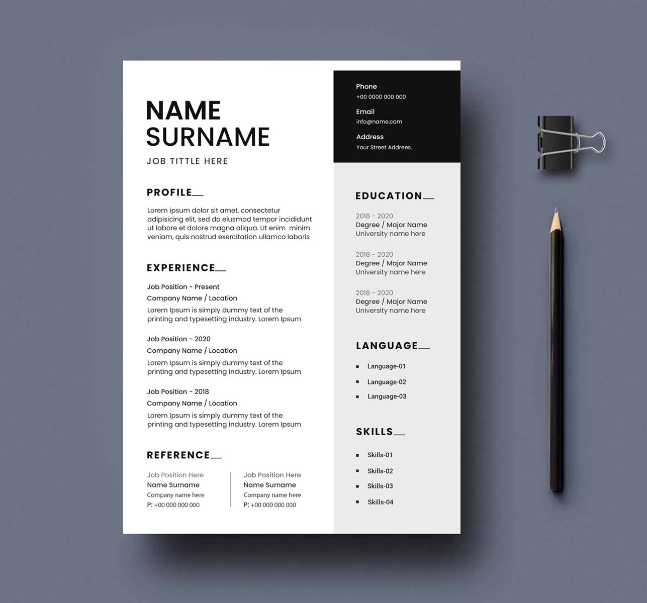 Professional resume template with a black and white color scheme.
