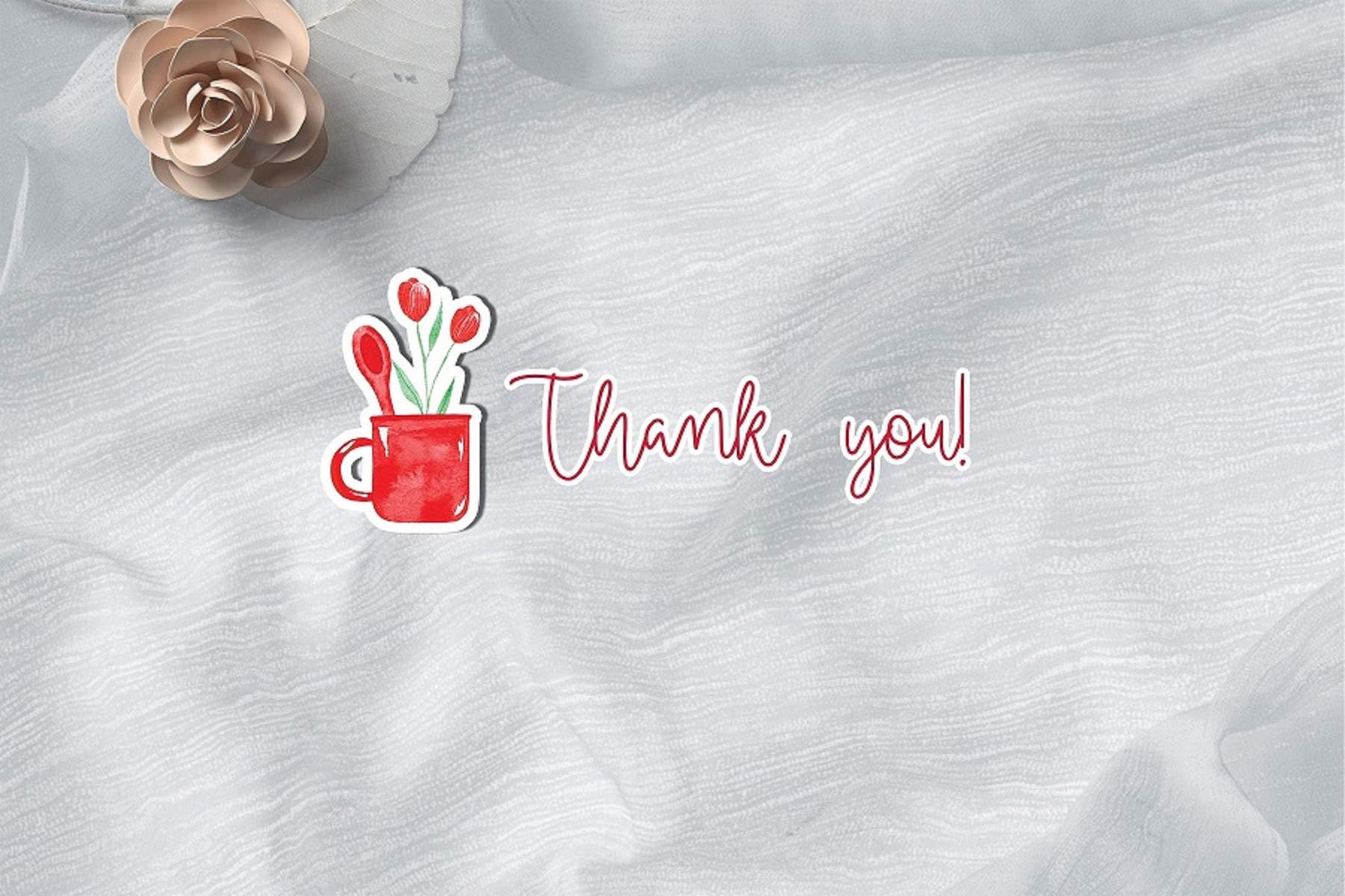 Thank you sticker with a coffee cup and flowers.