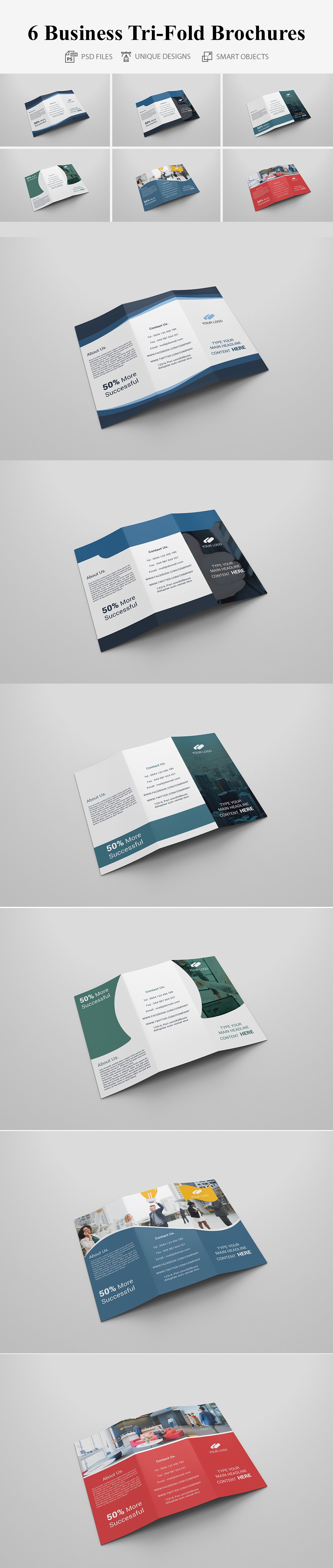 6 Business Tri-fold Brochures cover image.