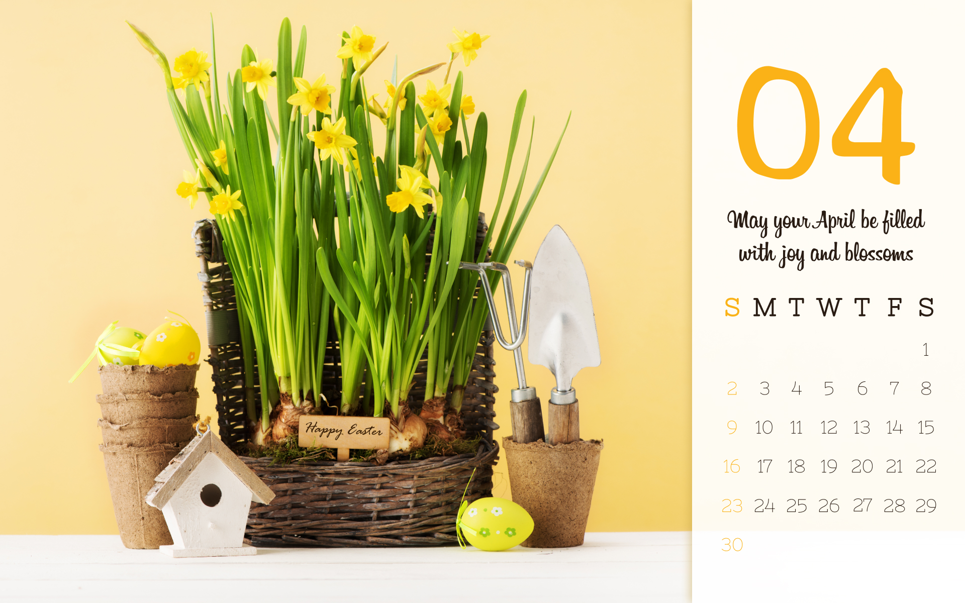Calendar with a basket of daffodils and a birdhouse.