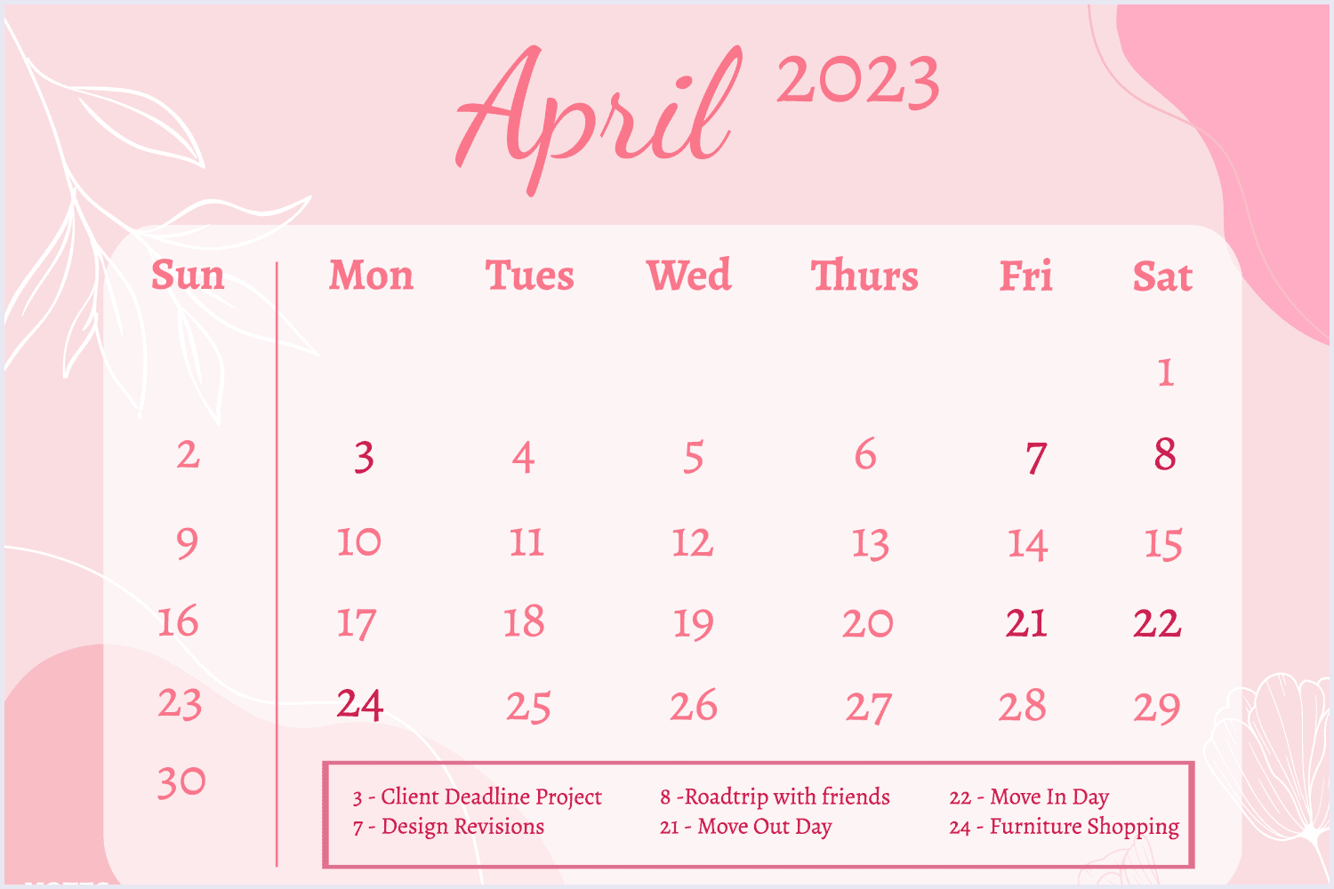 Calendar for April 2023 with a pink background and an indication of the holiday.