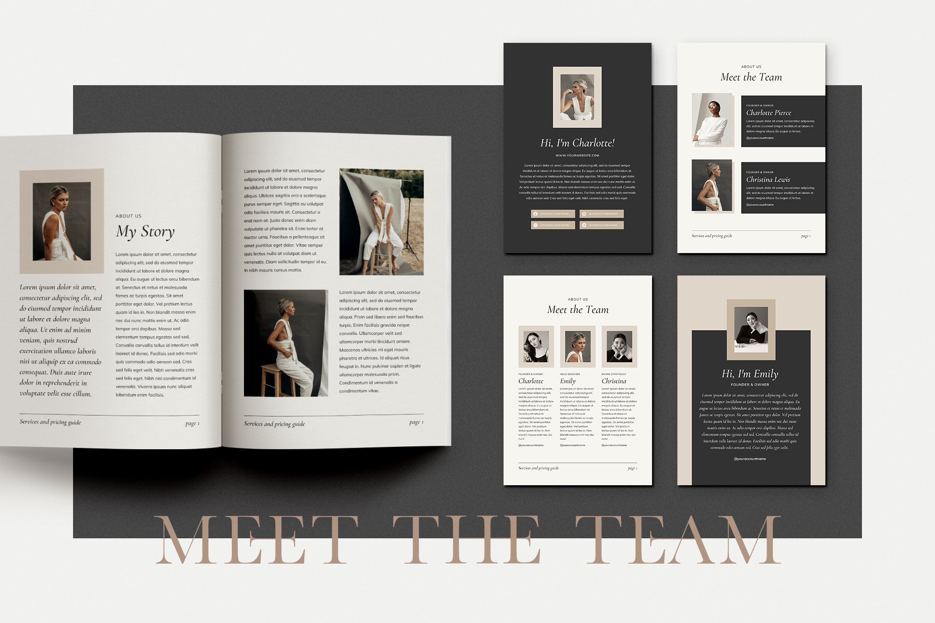 6 elegant black and beige services and pricing guide magazine client brochure editable canva template 991