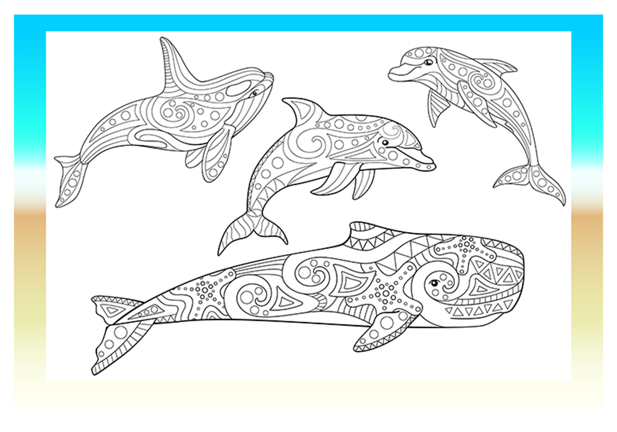 Coloring page with three dolphins in the ocean.