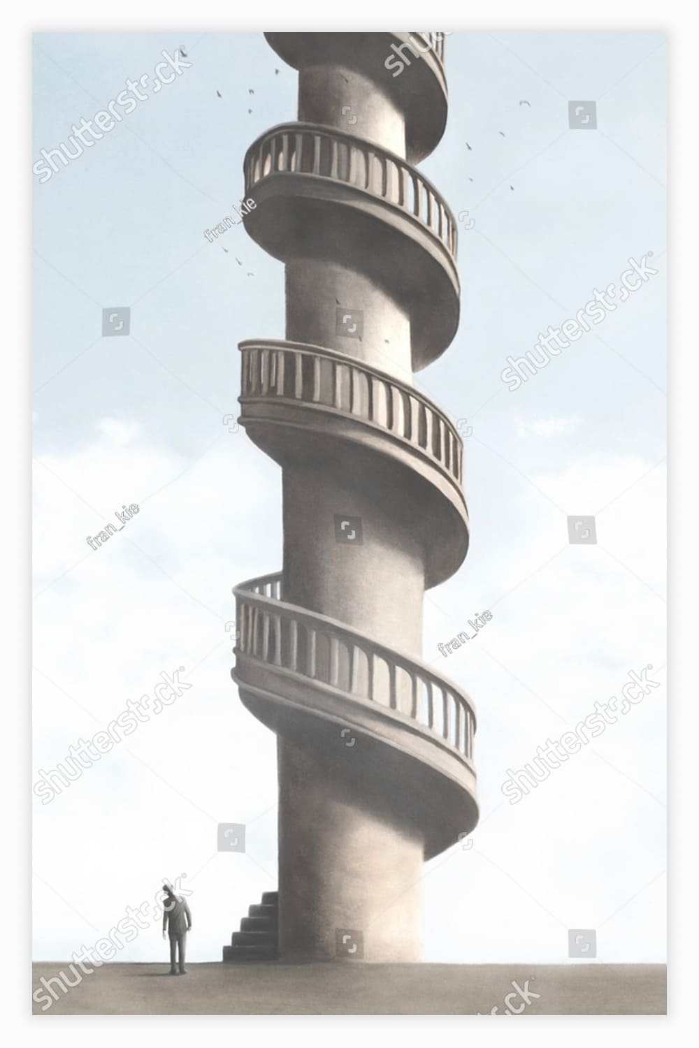 Illustration of man rising high spiral tower, surreal abstract concept.