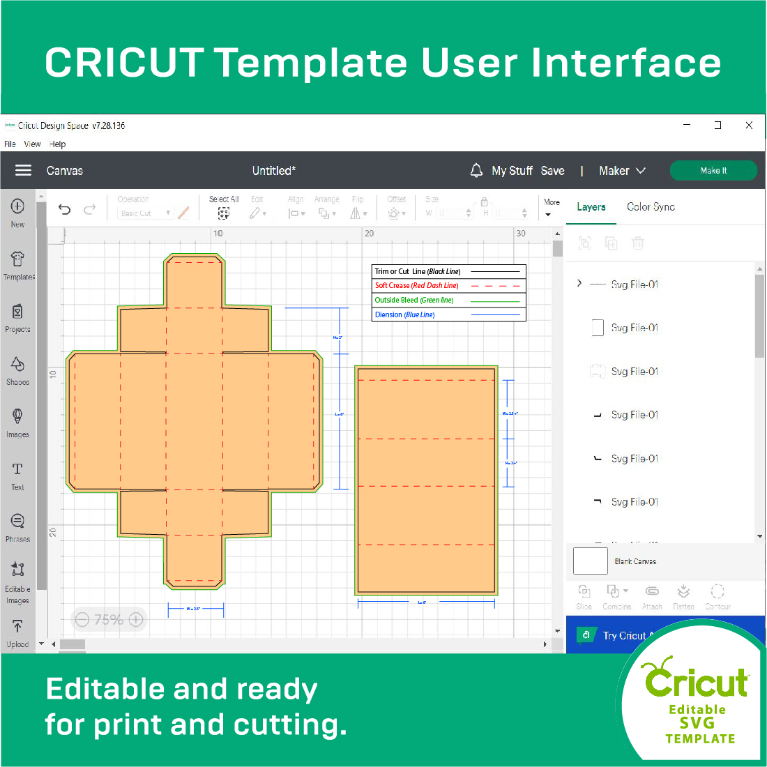 Screen shot of the cricut template user interface.