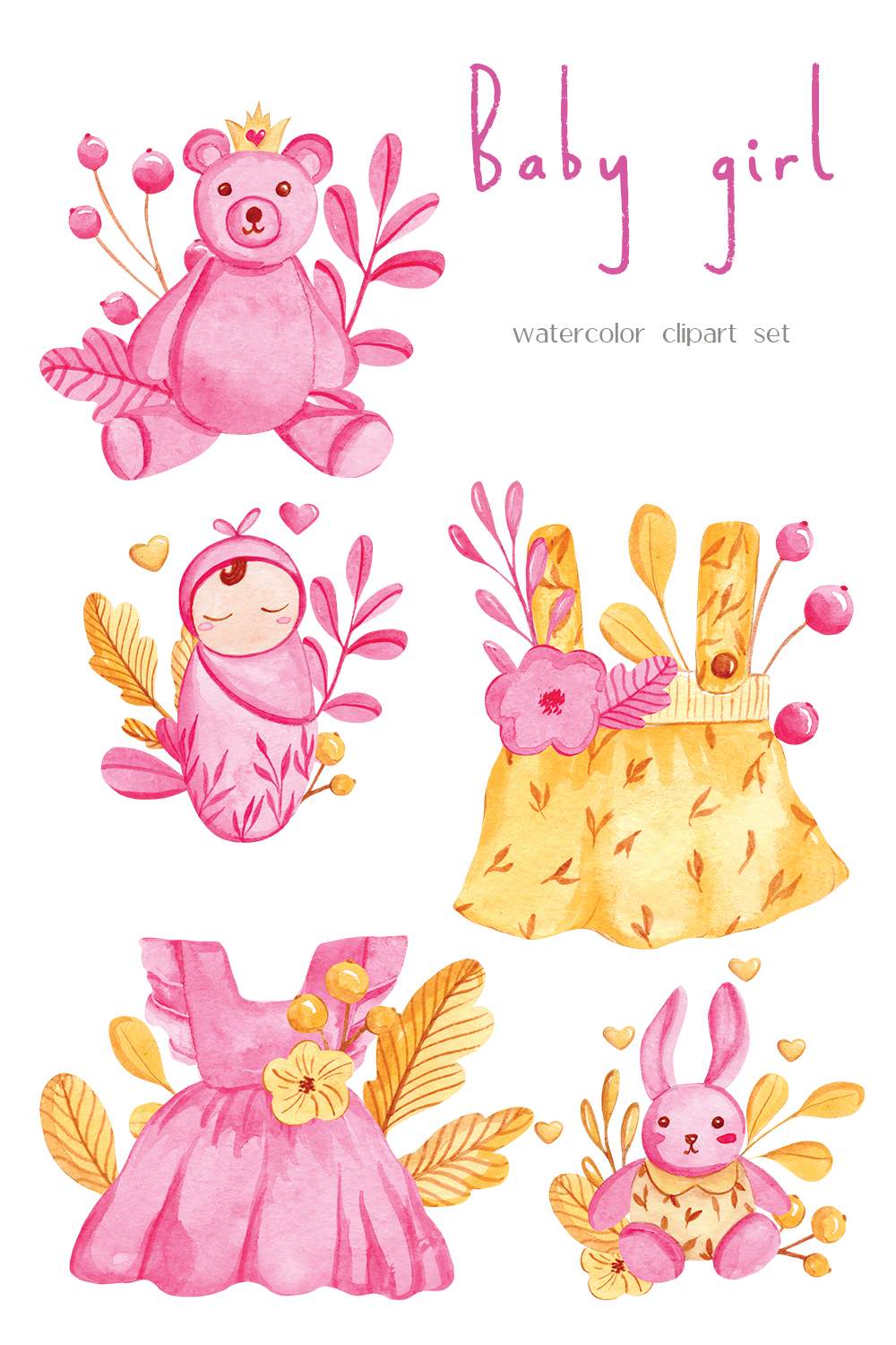 Cute Baby girl watercolor Clipart & Patterns pinterest preview image.