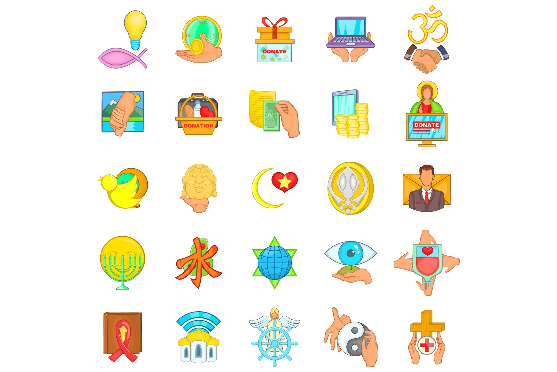 Religion donation icons set, cartoon cover image.