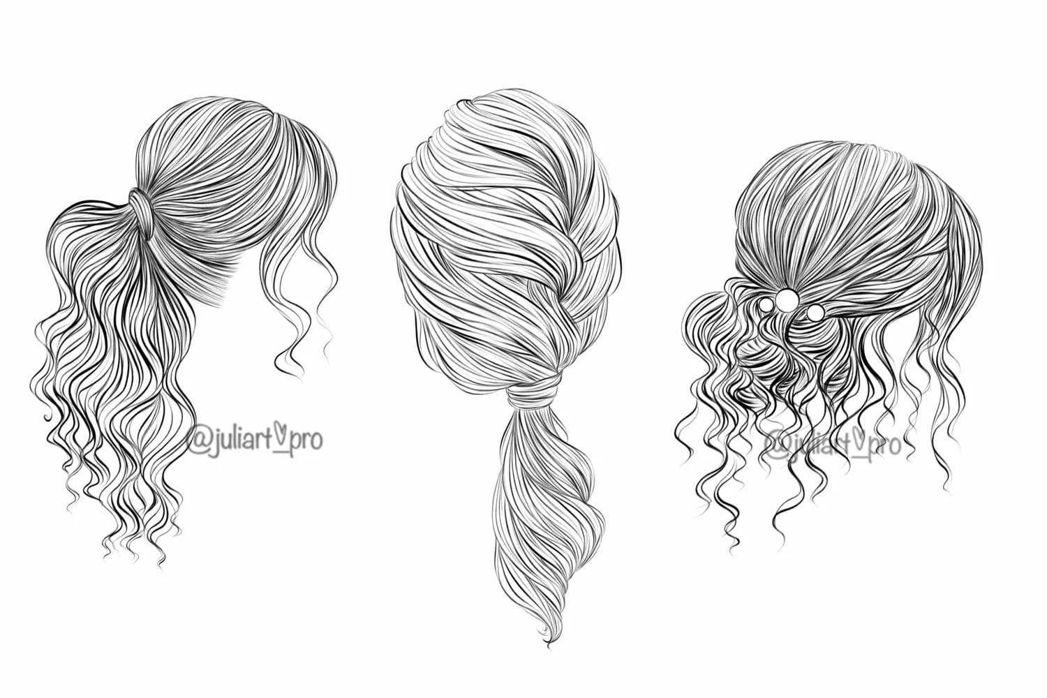 Set of three different styles of hair.