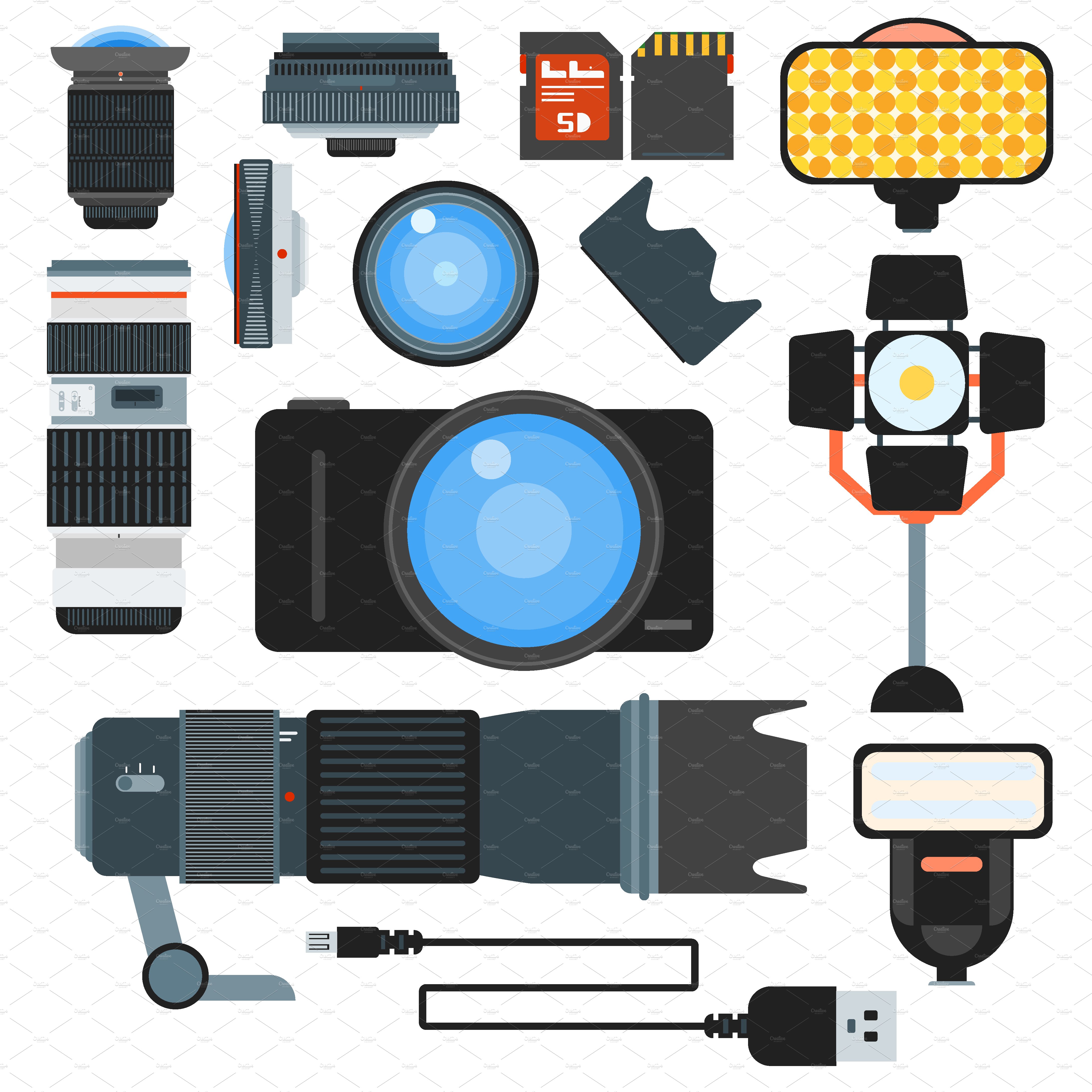 Camera lens flat icons vector cover image.