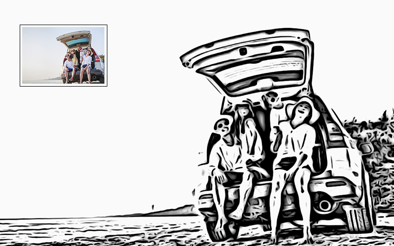 Black and white drawing of people sitting on the back of a truck.