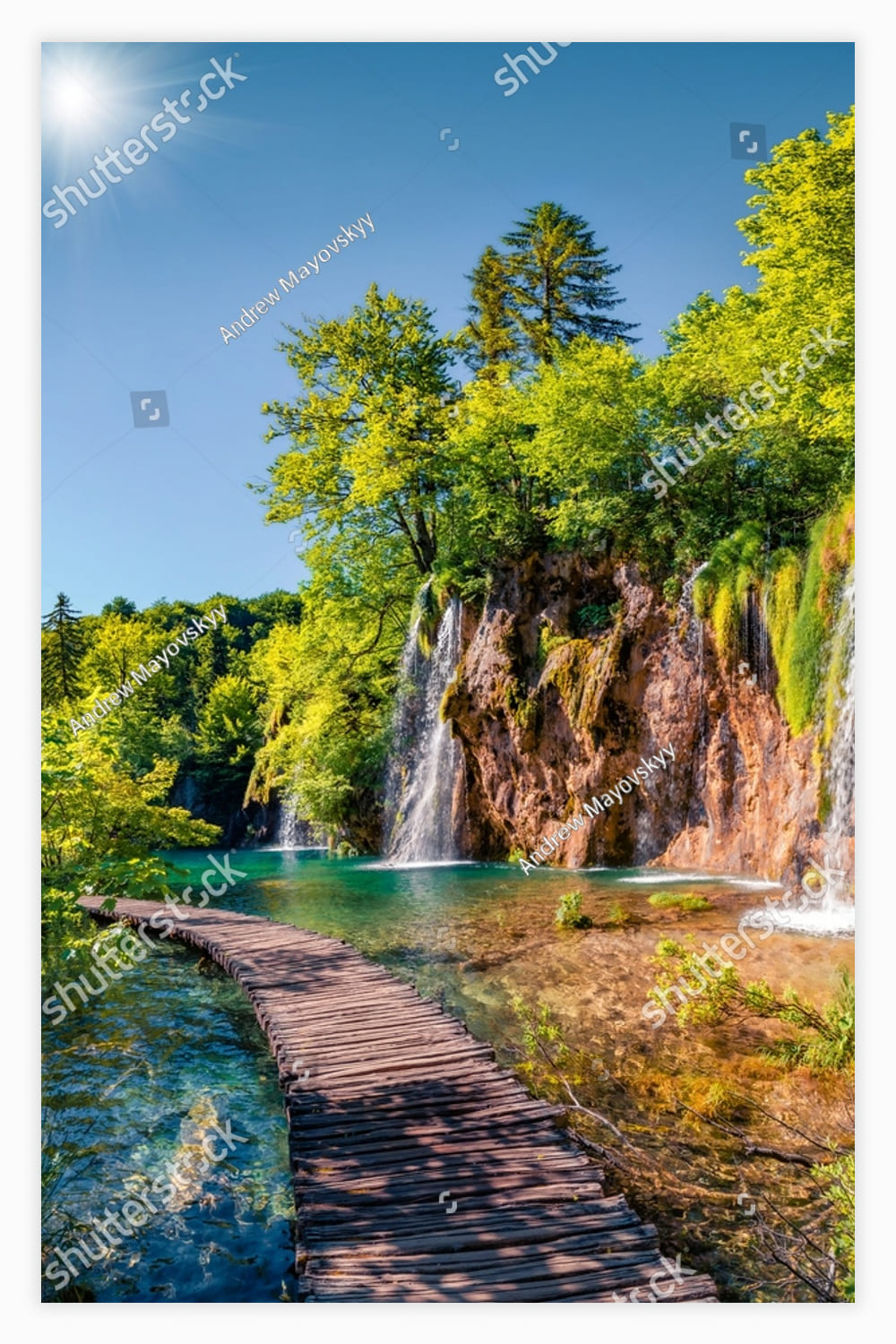 Picturesque summer view of green forest with pure water waterfall in Plitvice National Park.