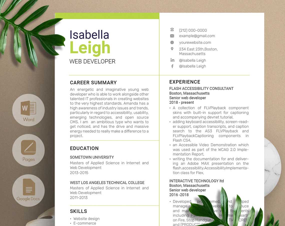 Green and white professional resume on a desk.