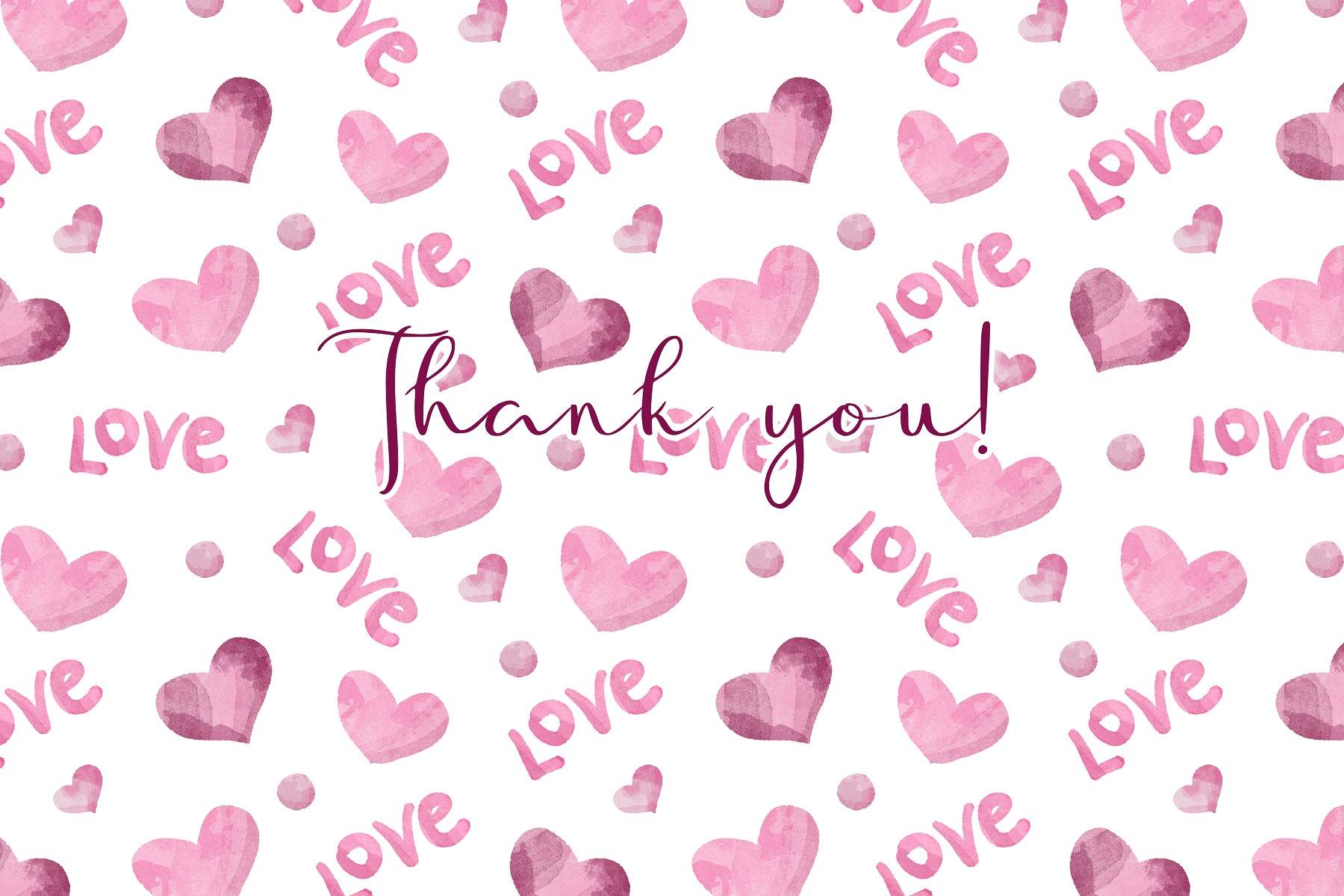 Thank card with pink hearts on a white background.