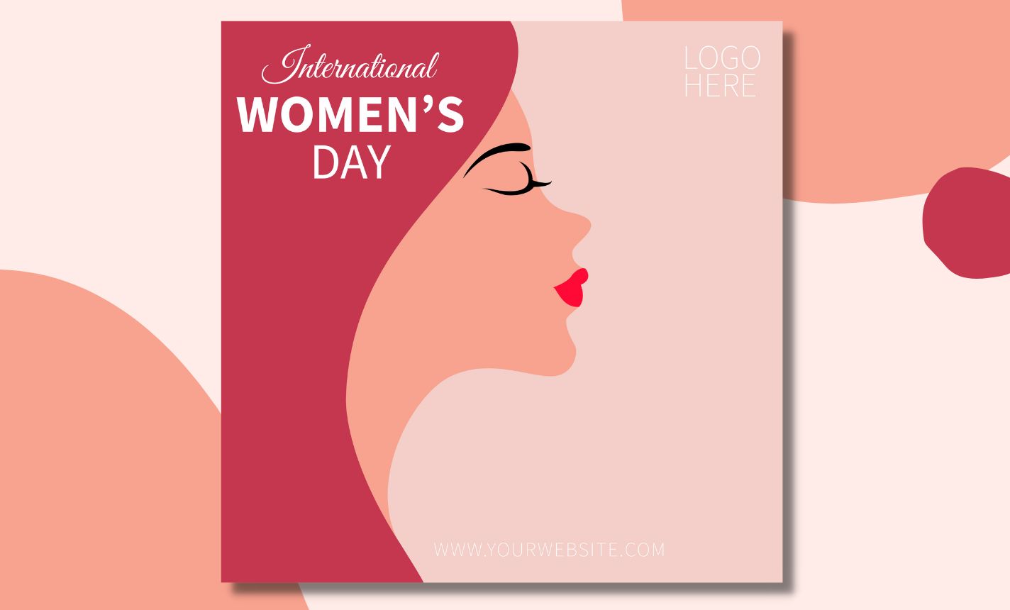 Woman's face with a pink background and the words international women's.