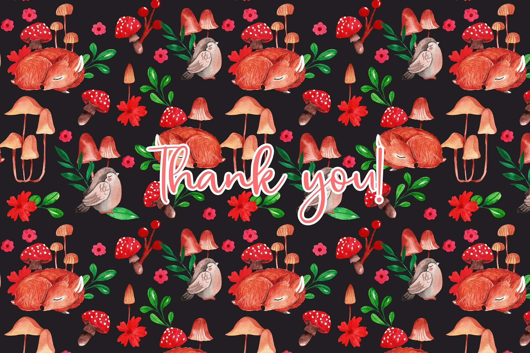 Black background with red flowers and mushrooms with the words thank you.