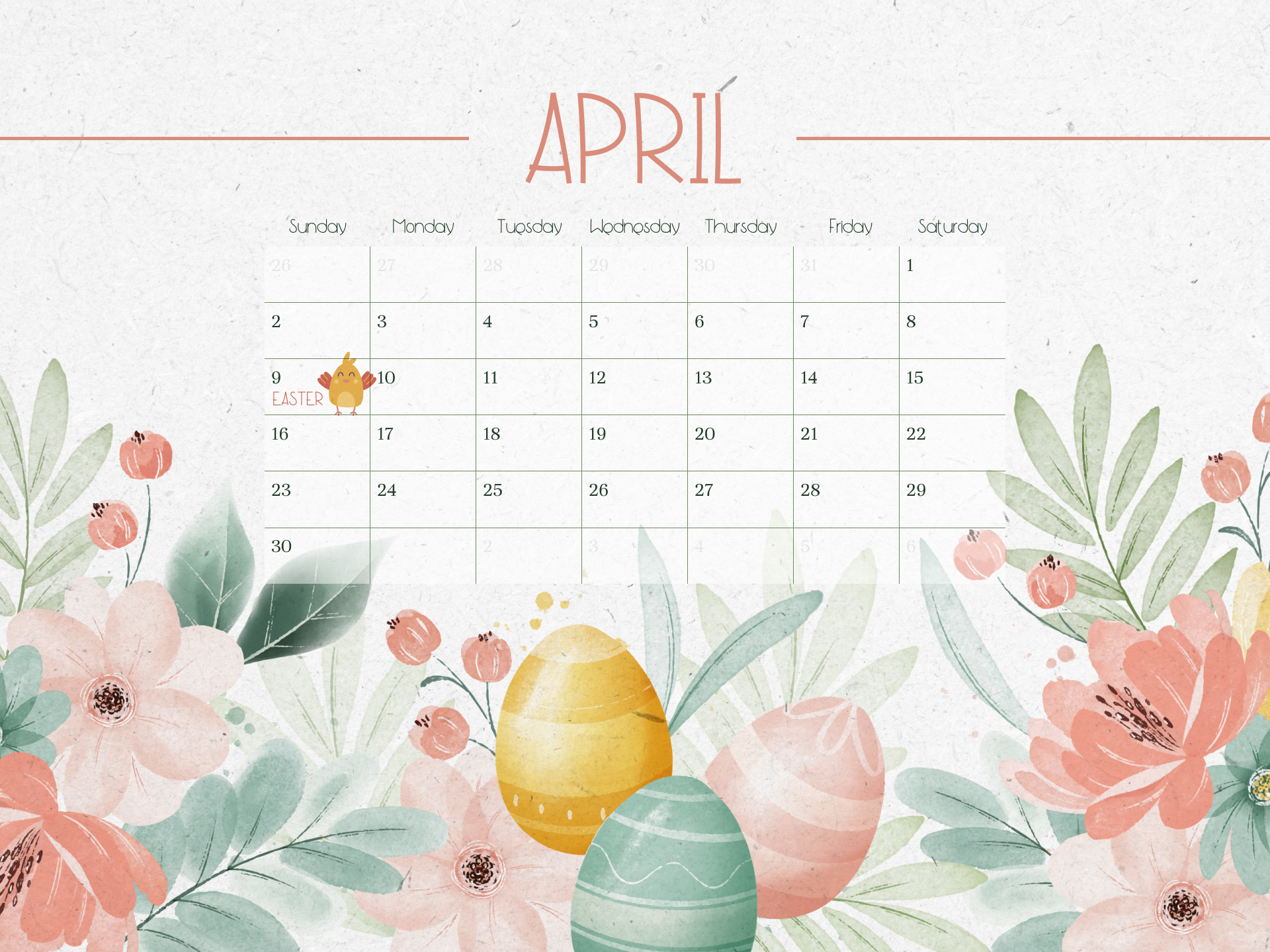 Calendar with flowers and eggs on it.