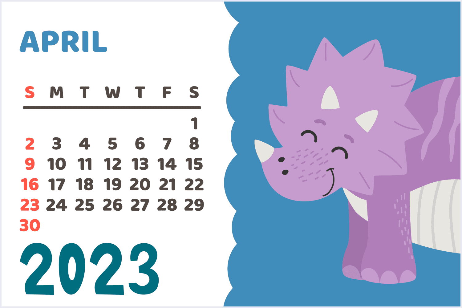 Calendar for April 2023 with a pink dinosaur on a blue background.