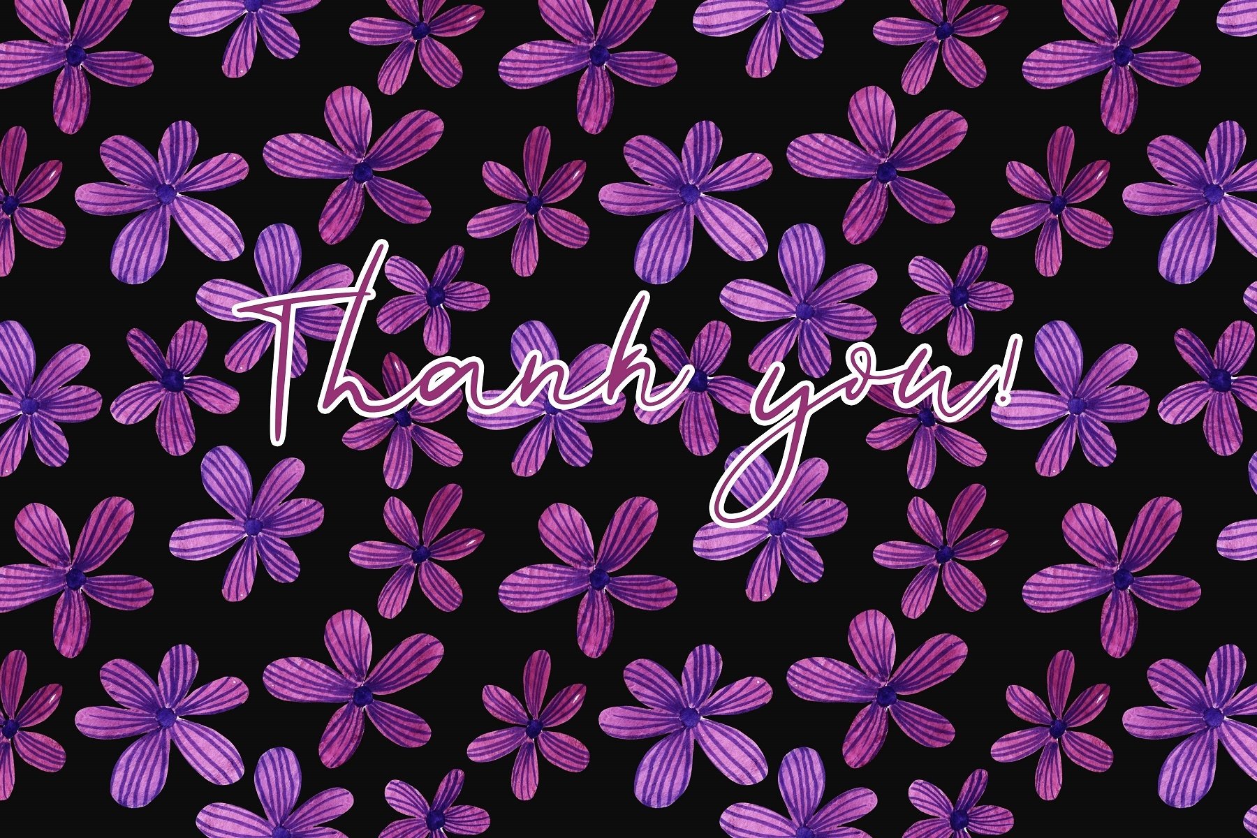 Thank card with purple flowers on a black background.
