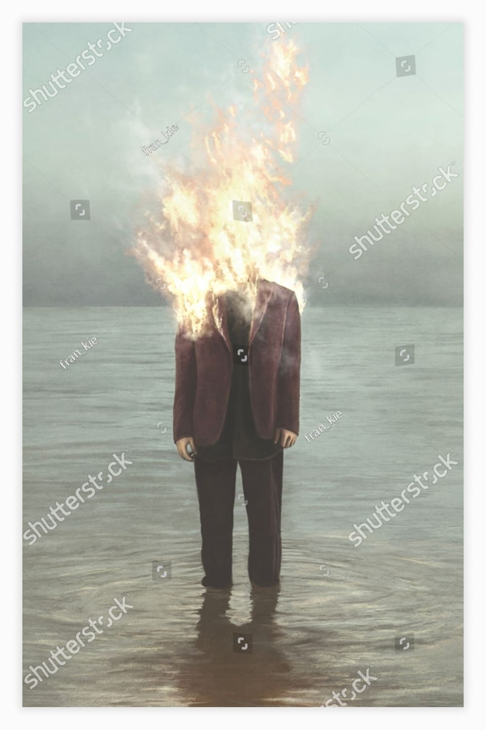 Illustration of man burning in the water, surreal contrast abstract concept.