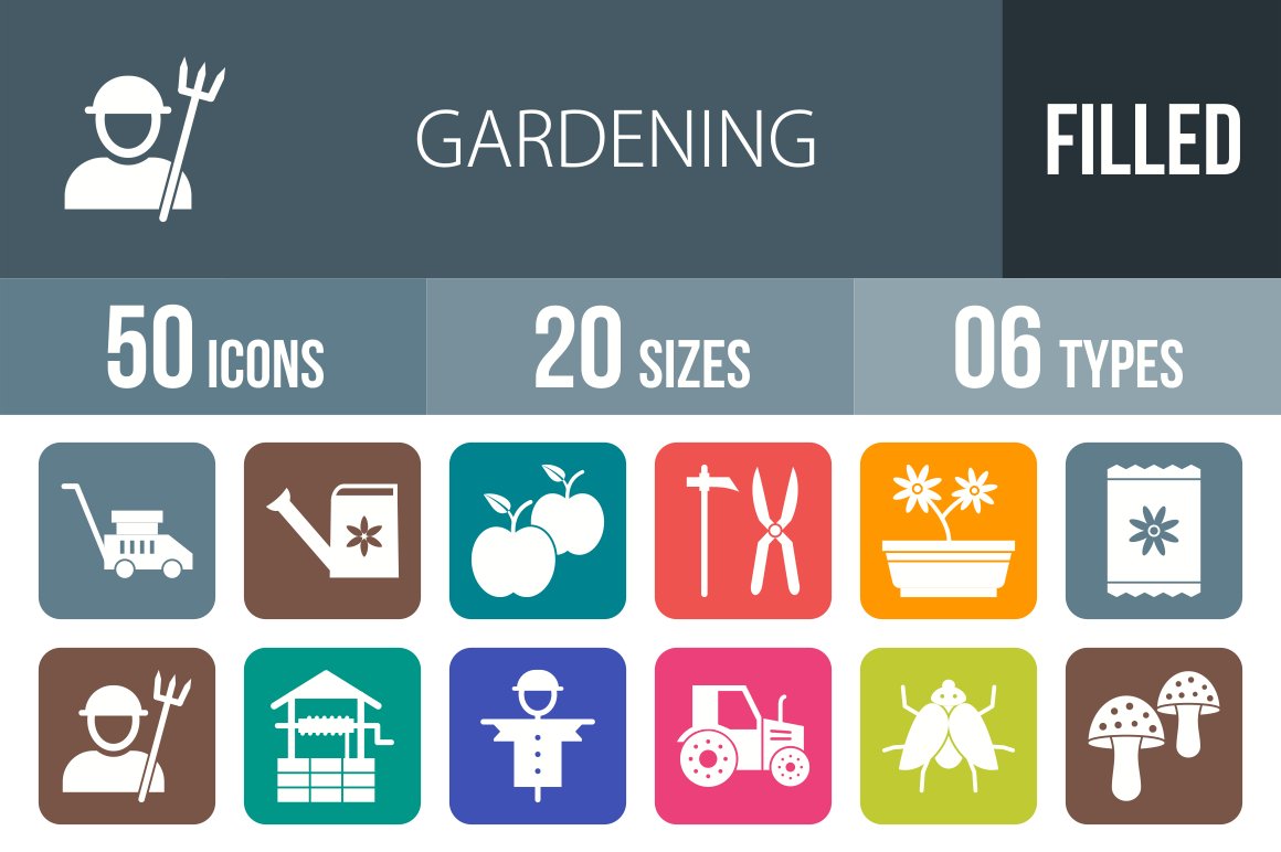 50 Gardening Line Filled Round Icons cover image.