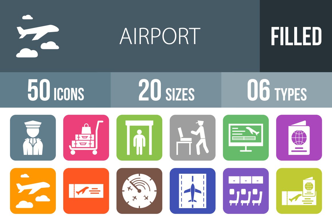 50 Airport Flat Round Corner Icons cover image.