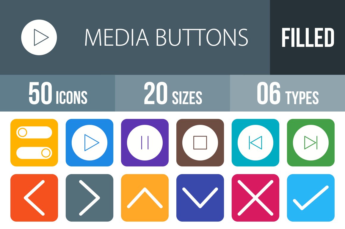 50 Media Buttons Filled Icons cover image.