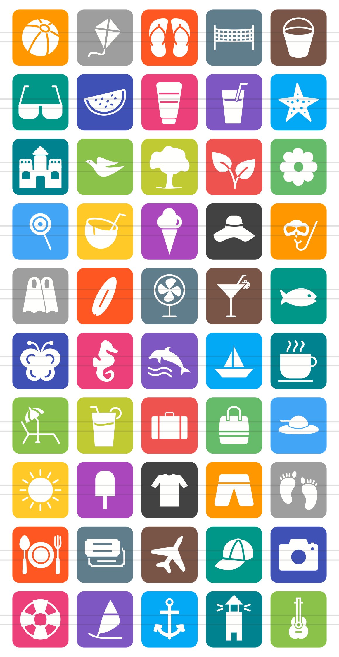 50 Summer Flat Round Corner Icons preview image.