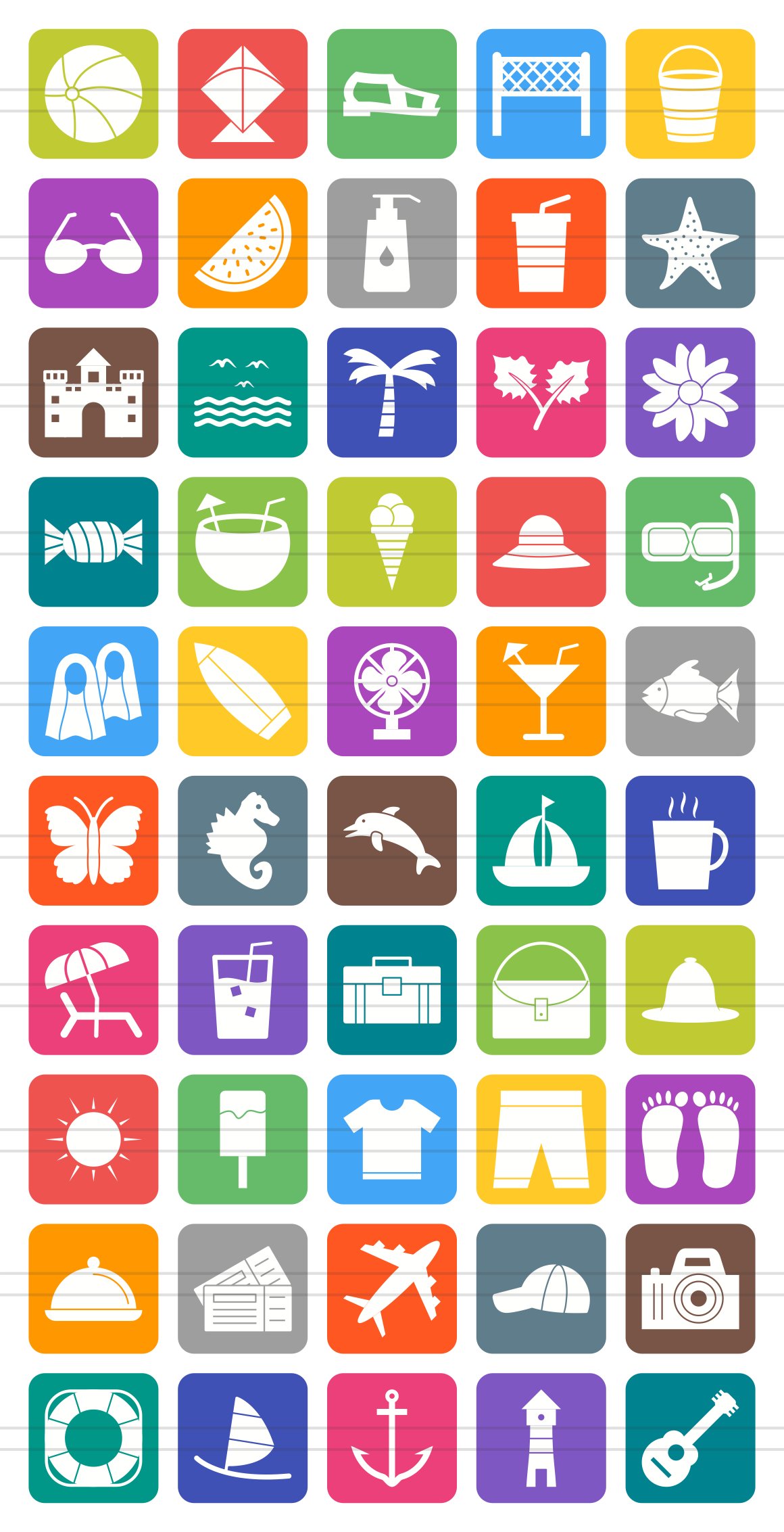 50 Summer Flat Round Corner Icons preview image.