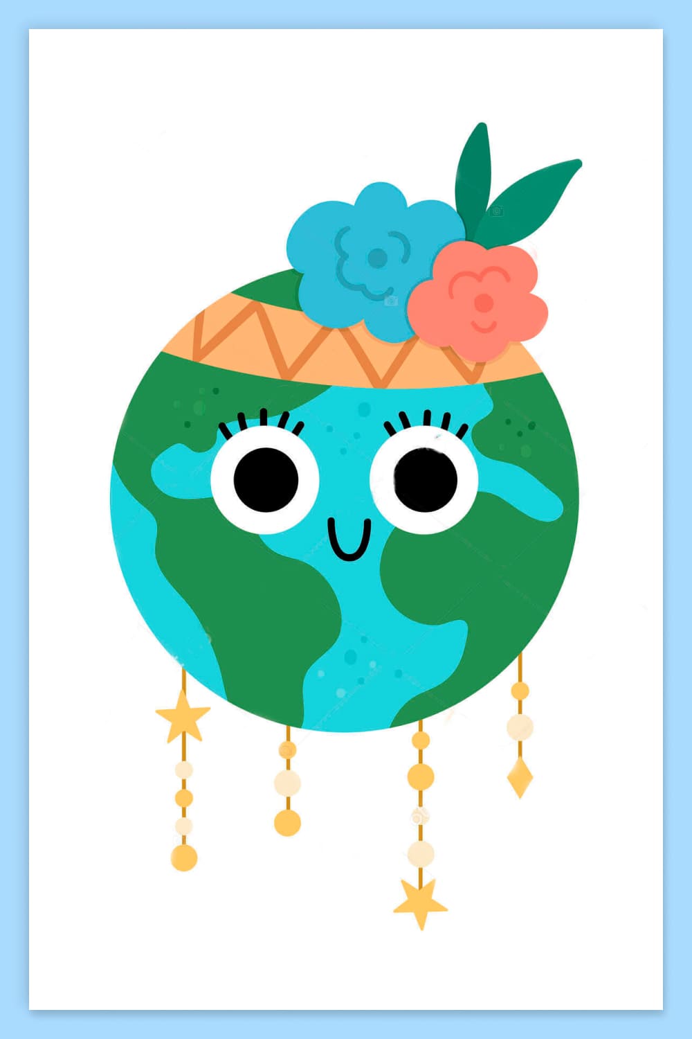 Cute drawing of the planet Earth with a wreath with flowers and stars.