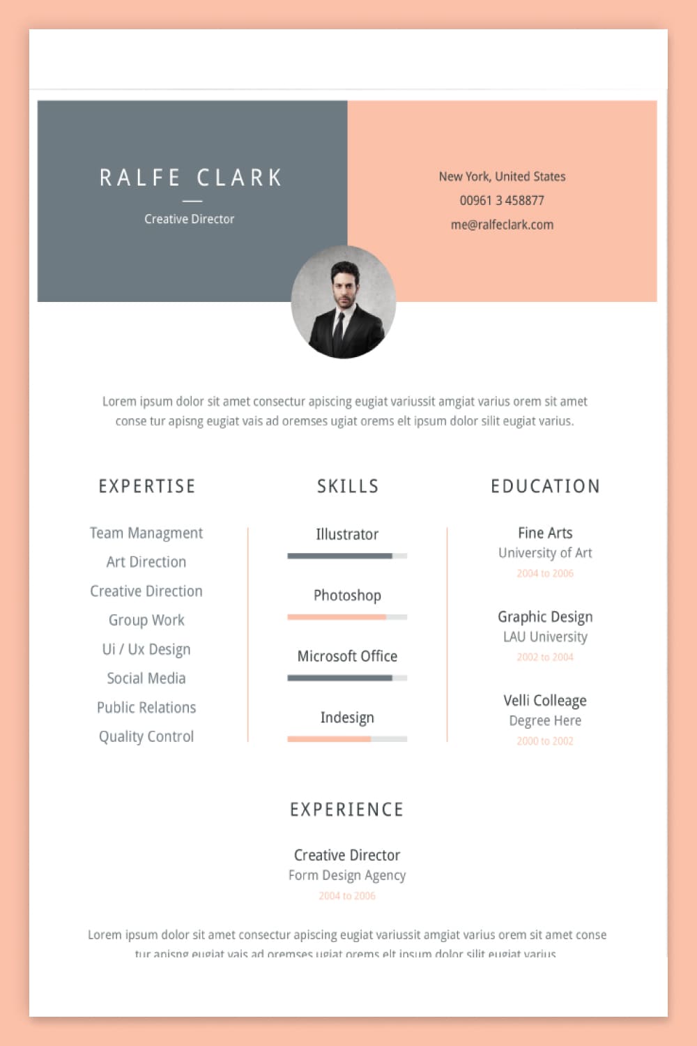 Screenshot of a resume with a photo, three columns and a gray, beige color scheme.