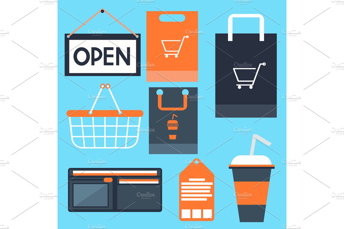 Shopping icons set basket bag label cover image.