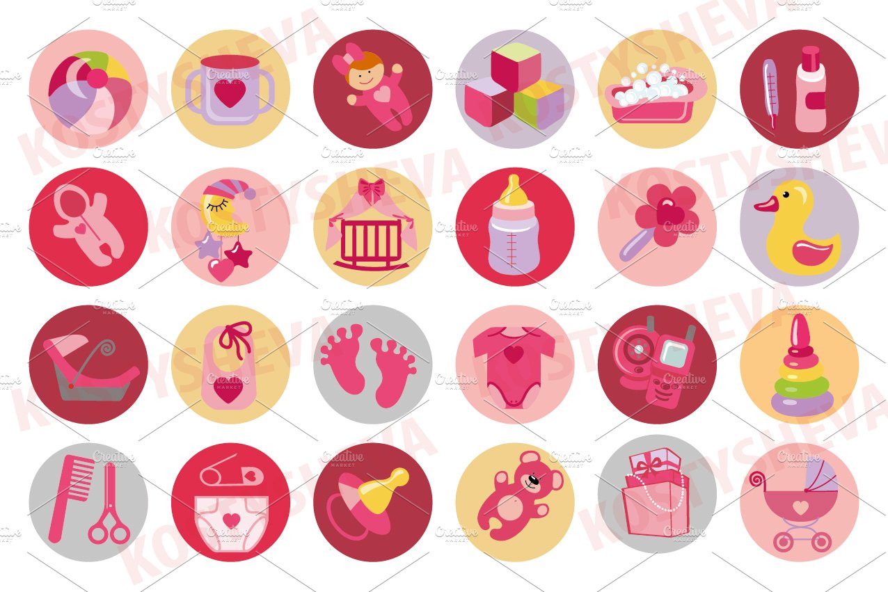 Newborn baby icons.Girl set 1 preview image.