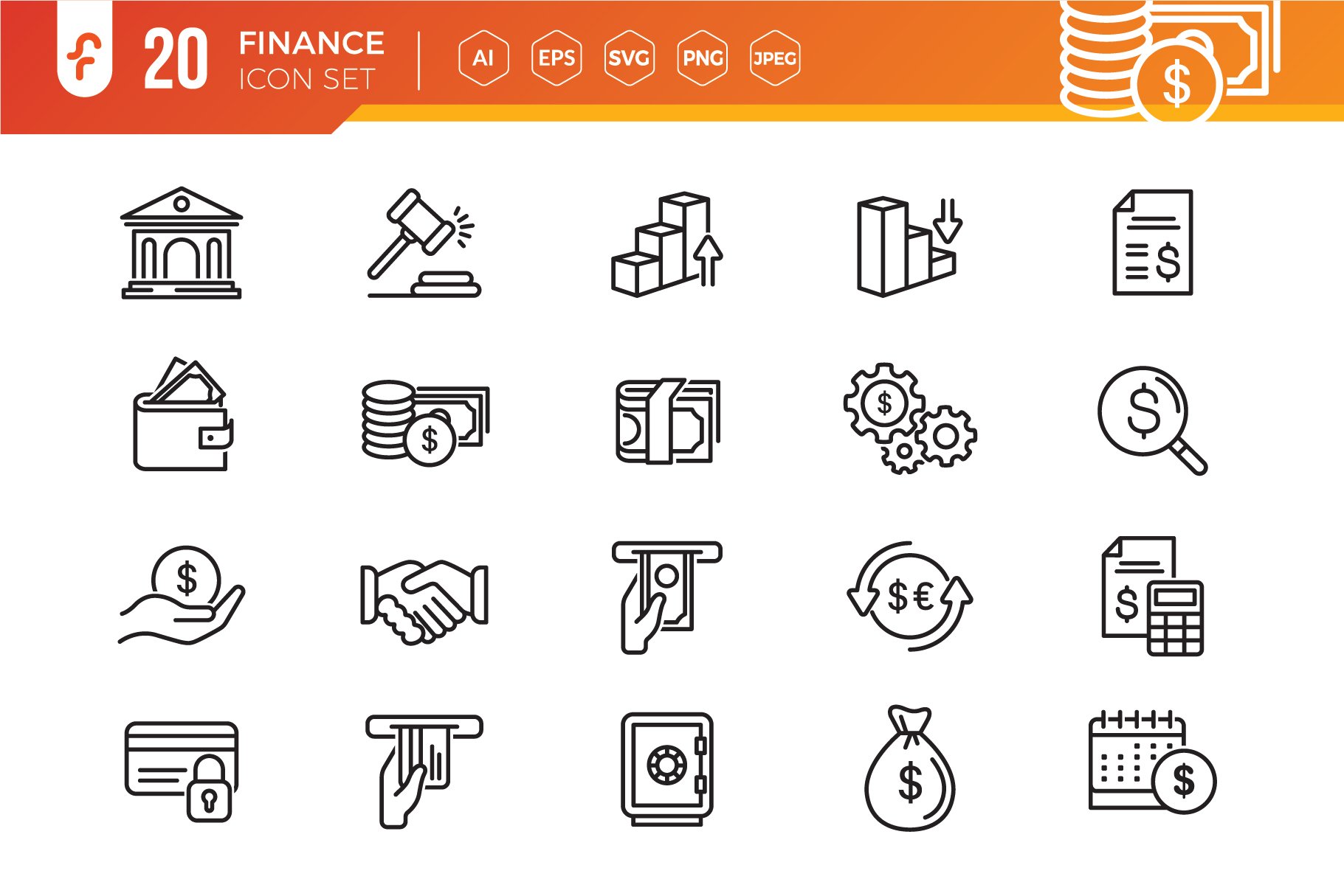 Finance and money line icon set cover image.