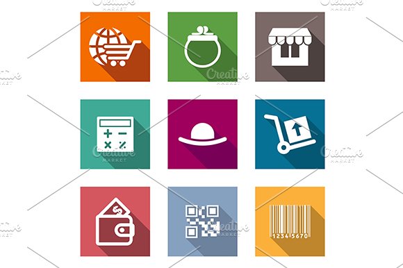 Shopping business flat icons set cover image.