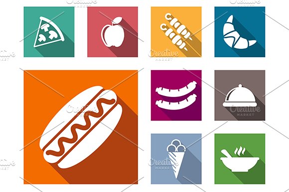 Flat colorful food icons cover image.