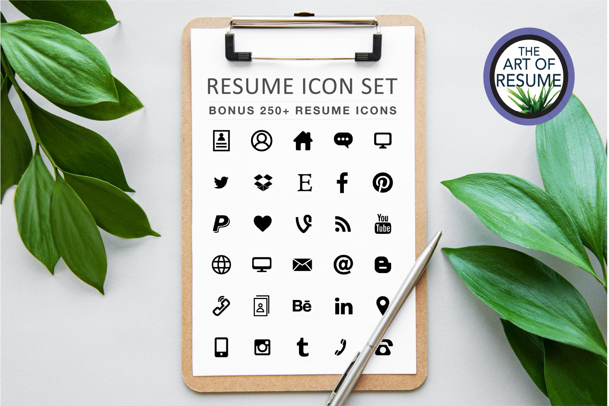 Clipboard with a list of resume icons on it.